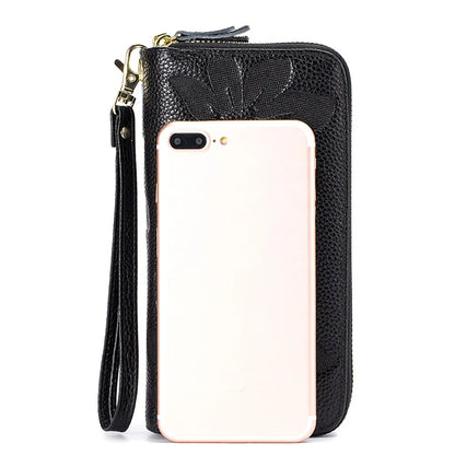 Fengdong ladies big card wallet women genuine leather phone wallet girl gift female big money bag vintage flower leather purse