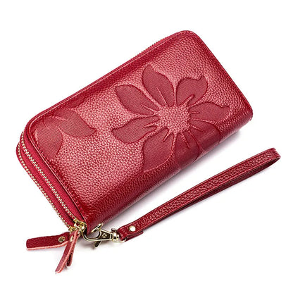 Fengdong ladies big card wallet women genuine leather phone wallet girl gift female big money bag vintage flower leather purse