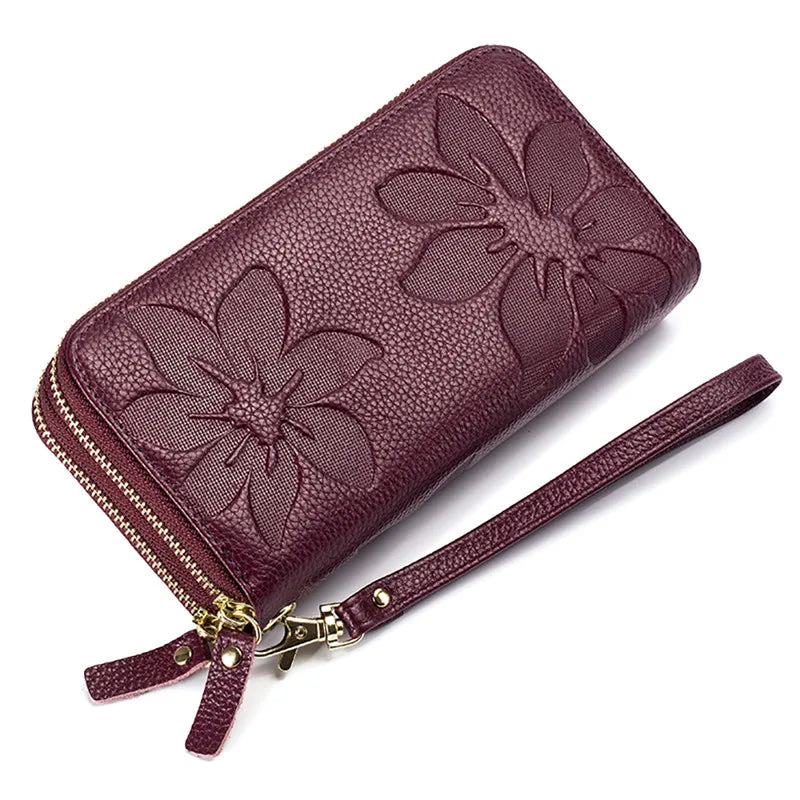Fengdong ladies big card wallet women genuine leather phone wallet girl gift female big money bag vintage flower leather purse