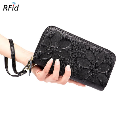 Fengdong ladies big card wallet women genuine leather phone wallet girl gift female big money bag vintage flower leather purse