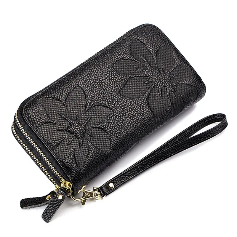 Fengdong ladies big card wallet women genuine leather phone wallet girl gift female big money bag vintage flower leather purse