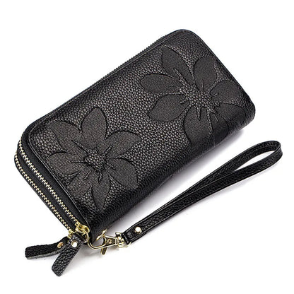 Fengdong ladies big card wallet women genuine leather phone wallet girl gift female big money bag vintage flower leather purse