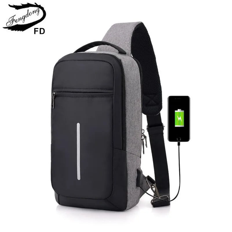 Fengdong male sling travel chest bag reflective strip backbag unisex one shoulder usb bag waterproof small messenger bag bagpack