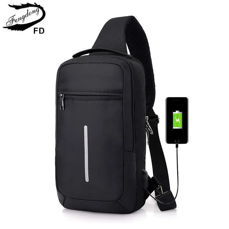 Fengdong male sling travel chest bag reflective strip backbag unisex one shoulder usb bag waterproof small messenger bag bagpack