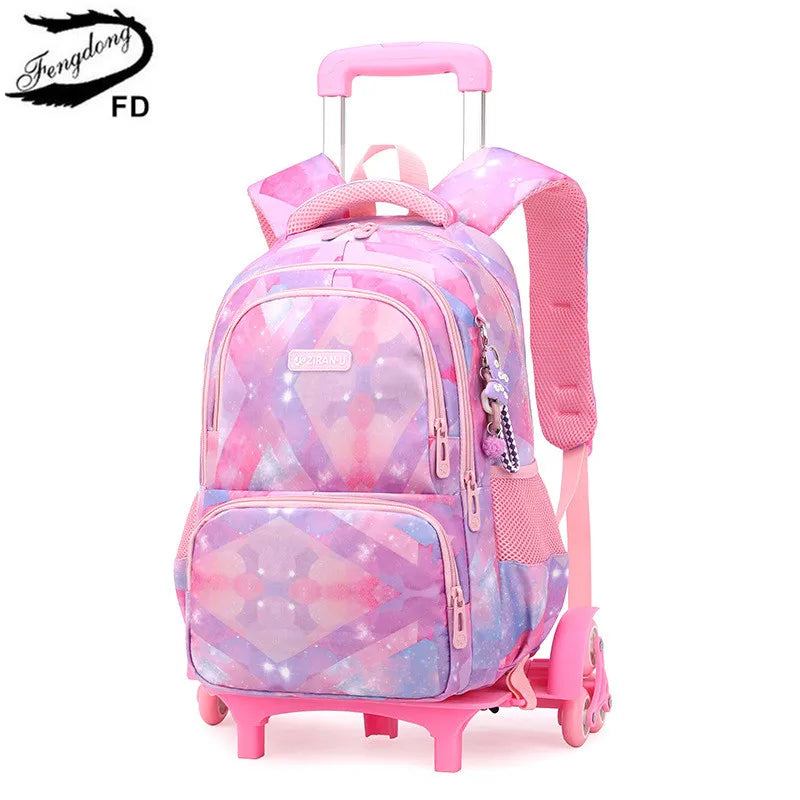 Fengdong primary student trolley school backpack with 6 wheels cute elementary school bags for girls rolling back pack for kids