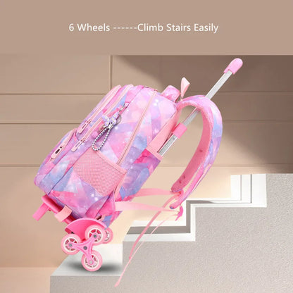 Fengdong primary student trolley school backpack with 6 wheels cute elementary school bags for girls rolling back pack for kids