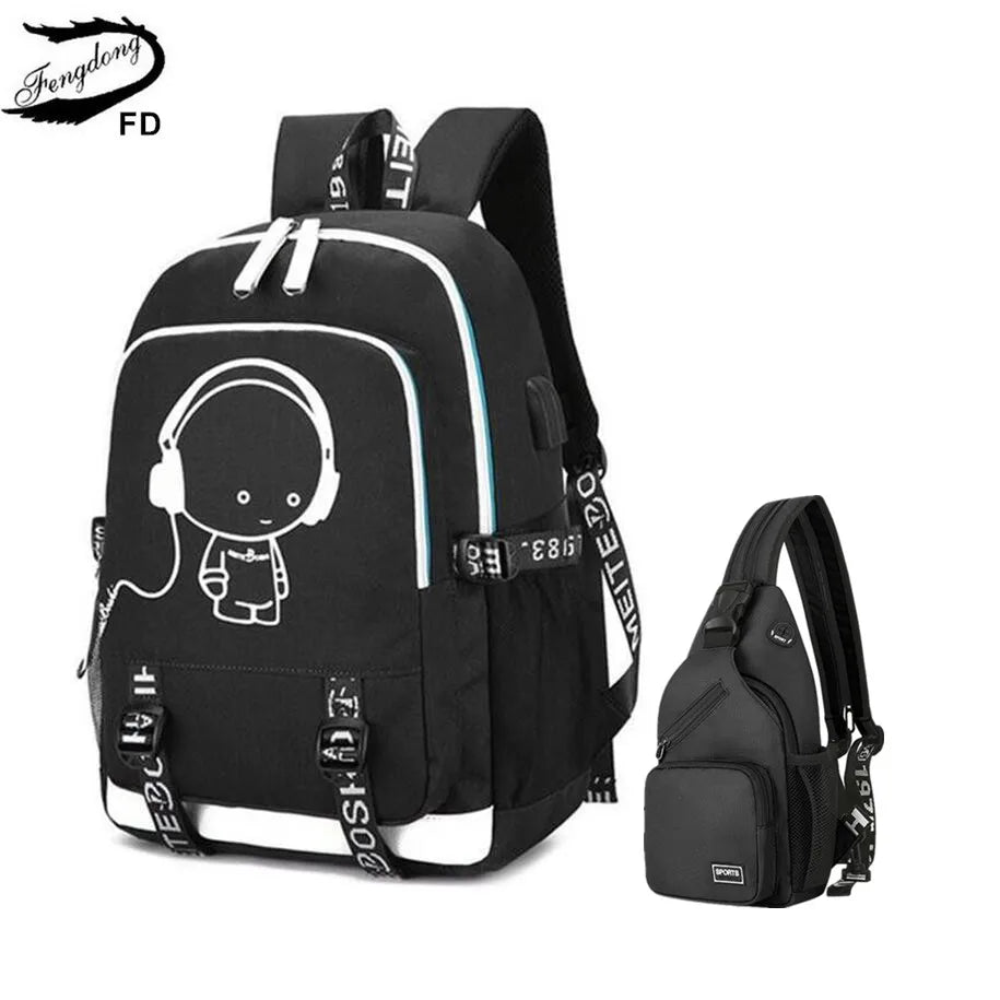 Fengdong waterproof school backpack for boy chest bag USB backpack for men travel bags male laptop bag pack school bags for boys