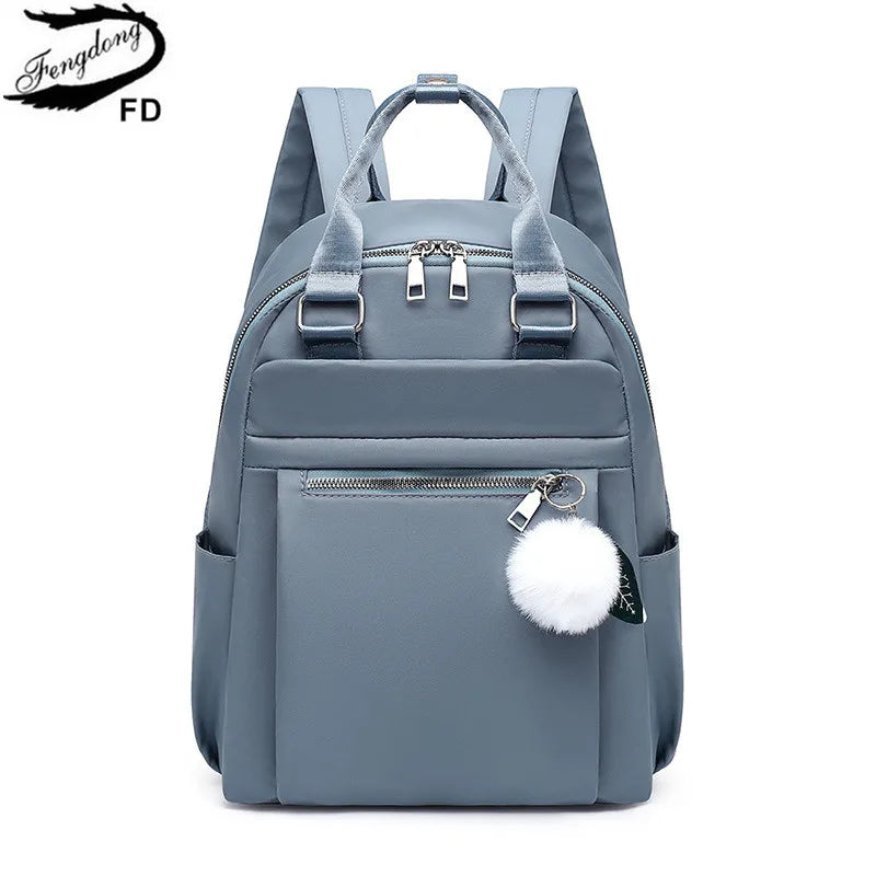 Fengdong women fashion backpack bag female waterproof lightweight casual travel backpack cute plush ball red blue black backpack
