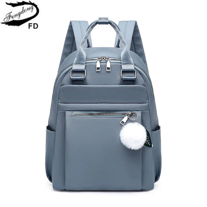 Fengdong women fashion backpack bag female waterproof lightweight casual travel backpack cute plush ball red blue black backpack