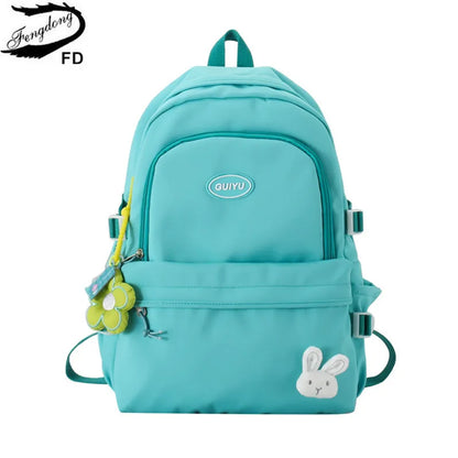 Fengdong women school backpack cute school bags for girls teenagers middle high school book bag kawaii flower rabbit decoration