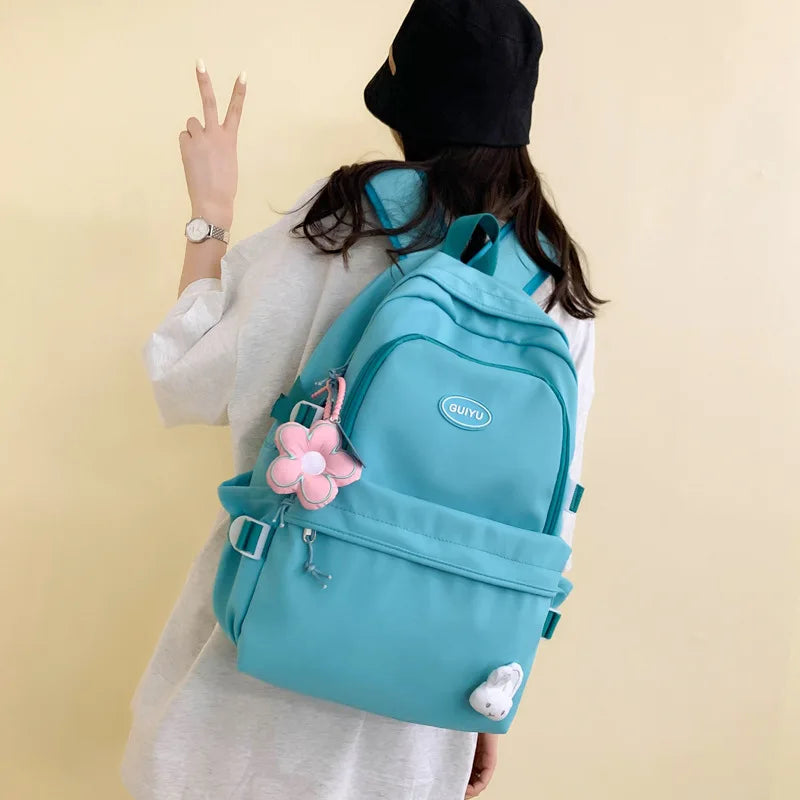 Fengdong women school backpack cute school bags for girls teenagers middle high school book bag kawaii flower rabbit decoration