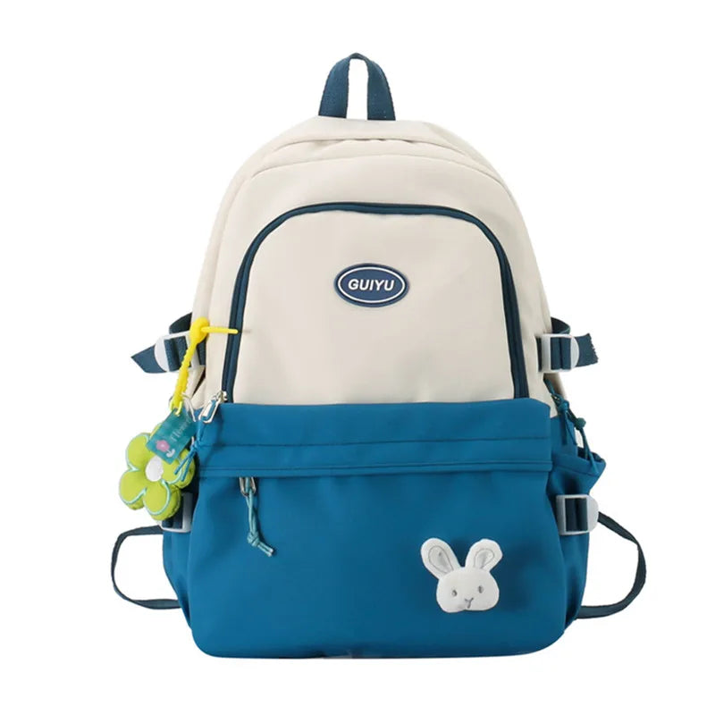 Fengdong women school backpack cute school bags for girls teenagers middle high school book bag kawaii flower rabbit decoration