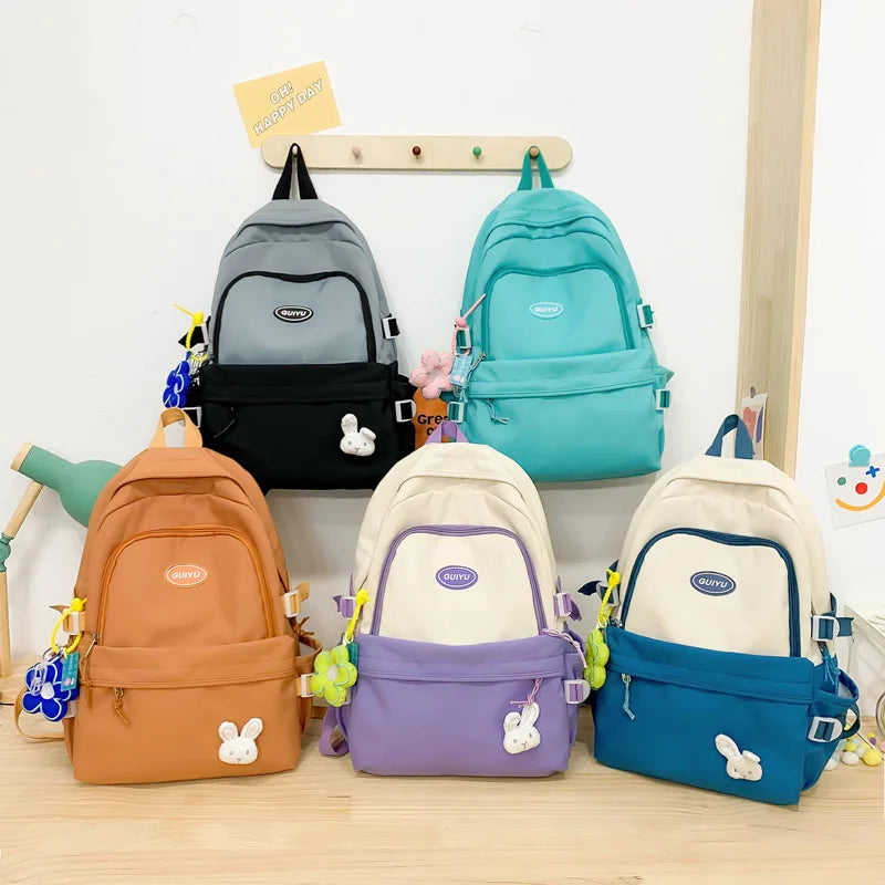 Fengdong women school backpack cute school bags for girls teenagers middle high school book bag kawaii flower rabbit decoration