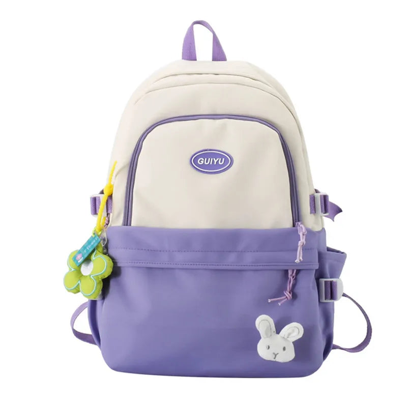Fengdong women school backpack cute school bags for girls teenagers middle high school book bag kawaii flower rabbit decoration