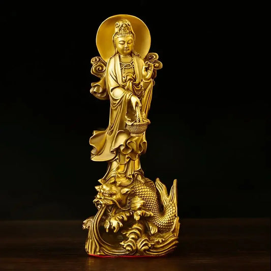 Fengshui Copper Dragon Guanyin Ornaments Stand Bodhisattva Statue Home Living Room Desktop Buddha Decor