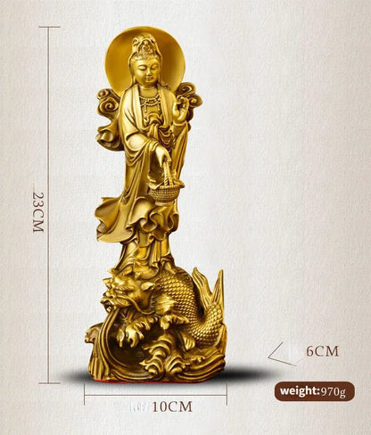 Fengshui Copper Dragon Guanyin Ornaments Stand Bodhisattva Statue Home Living Room Desktop Buddha Decor