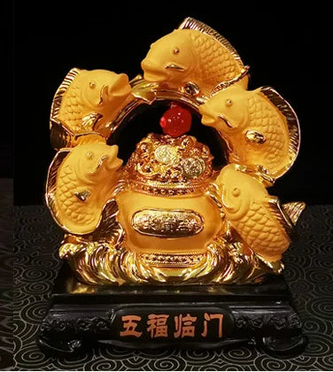 Fengshui Resin Gold Fortune Dragon Fish Wufu Linmen Home Living Room Decoration Opening Gift Wholesale Home Decoration Statue