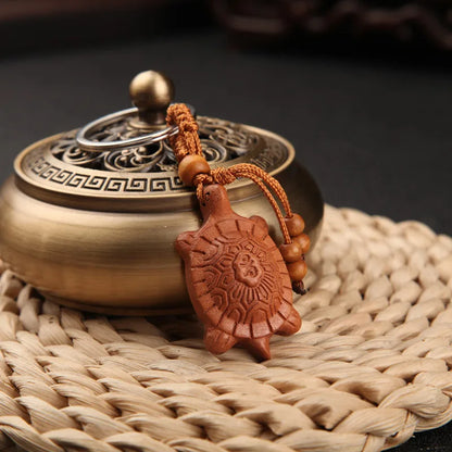 Fengshui Tortoise Peach Wood Keychain, Double Sided Exquisite Carved Car Pendant, Christmas Gift, Mascot, Fengshui