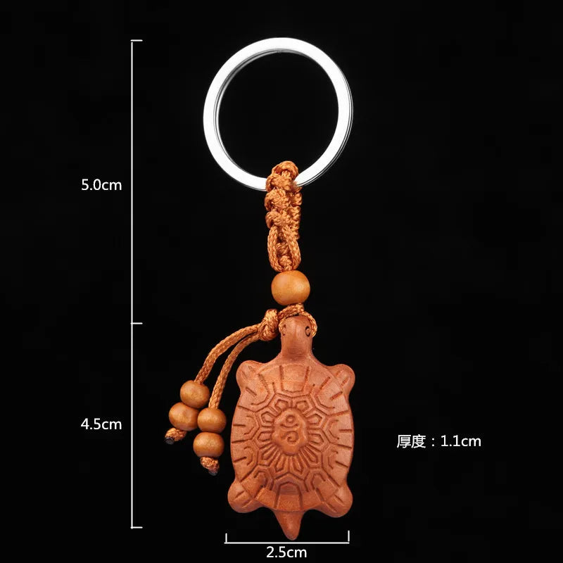 Fengshui Tortoise Peach Wood Keychain, Double Sided Exquisite Carved Car Pendant, Christmas Gift, Mascot, Fengshui