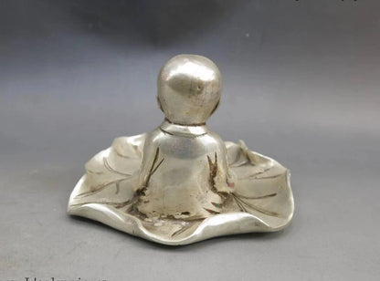 Fine China silver carved beautiful buddhism buddha on lotus leaf Statue