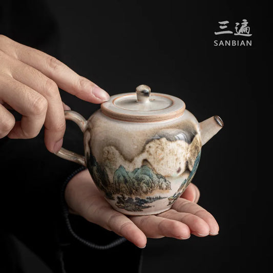 Fire Cloud Jingdezhen Hand-Painted Thousand-Li Landscape Teapot Japanese Style Handmade Retro Landscape Teapot Single Teapot