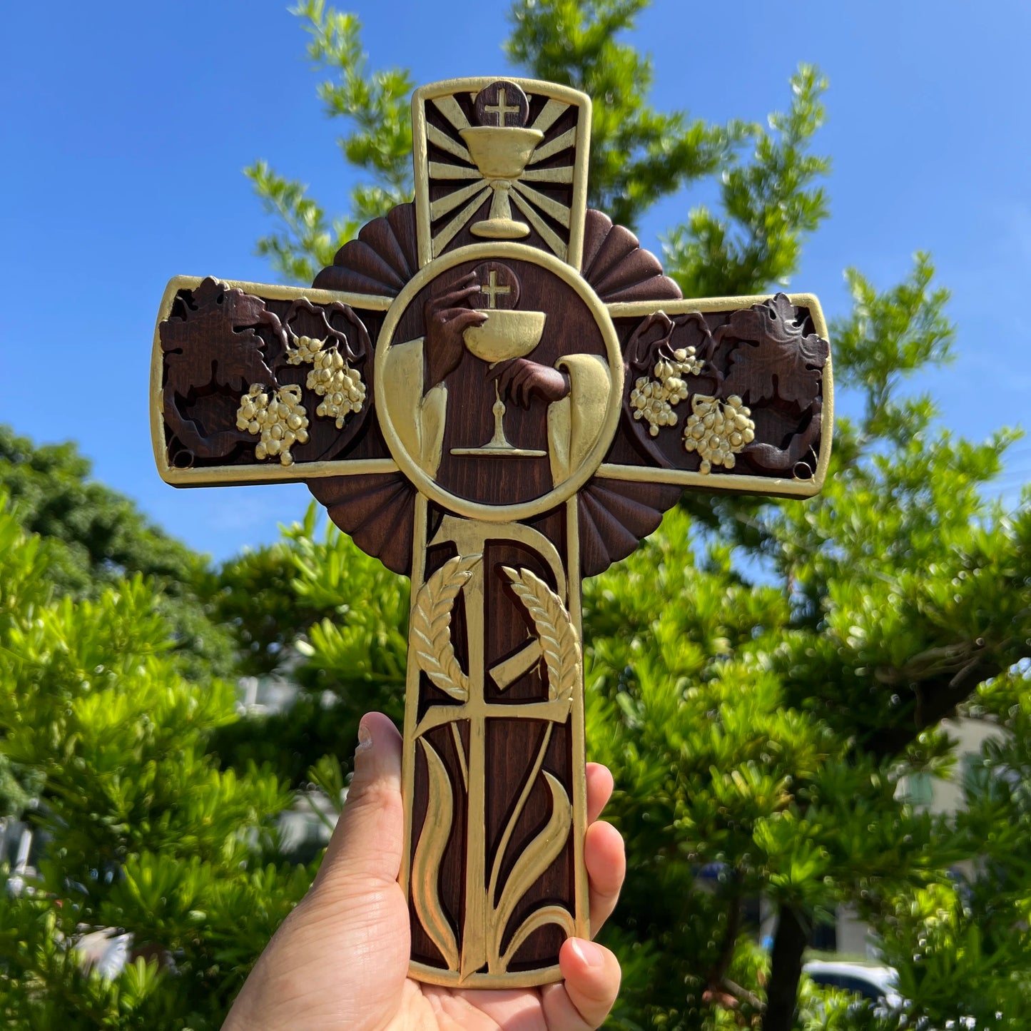 First Holy Communion Religious Wall Hanging Decoration Christian Cross Wood Carving Eucharist Chalice Cross Communion Gift