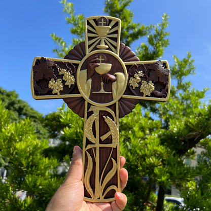 First Holy Communion Religious Wall Hanging Decoration Christian Cross Wood Carving Eucharist Chalice Cross Communion Gift