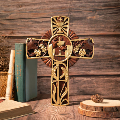 First Holy Communion Religious Wall Hanging Decoration Christian Cross Wood Carving Eucharist Chalice Cross Communion Gift