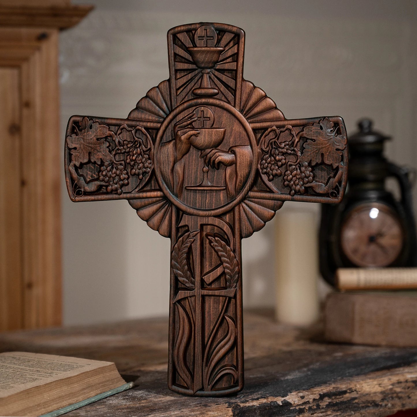 First Holy Communion Religious Wall Hanging Decoration Christian Cross Wood Carving Eucharist Chalice Cross Communion Gift