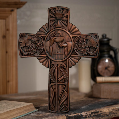 First Holy Communion Religious Wall Hanging Decoration Christian Cross Wood Carving Eucharist Chalice Cross Communion Gift