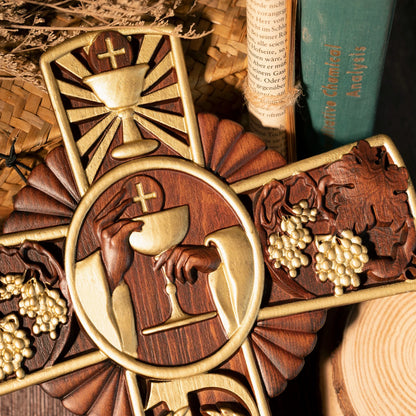 First Holy Communion Religious Wall Hanging Decoration Christian Cross Wood Carving Eucharist Chalice Cross Communion Gift