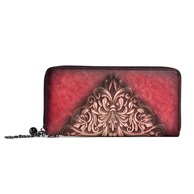 First Layer Cowhide Handy Bag Wrist Purse Multi-Cards Clutch Zipper Bags Female Embossed Retro Women Long Genuine Leather Wallet