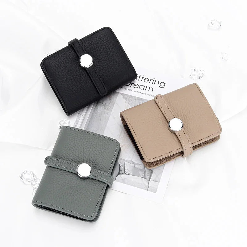 First Layer Cowhide Ladies Short Leather Drawstring Multi-card Card Holder 2024 New Small and Exquisite Document Bag