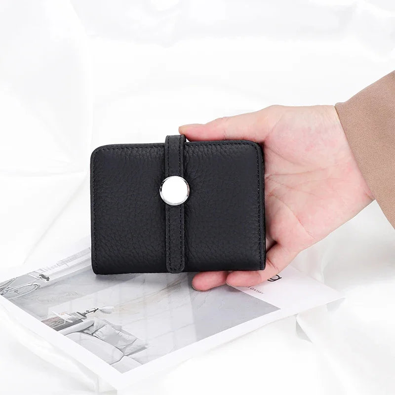 First Layer Cowhide Ladies Short Leather Drawstring Multi-card Card Holder 2024 New Small and Exquisite Document Bag