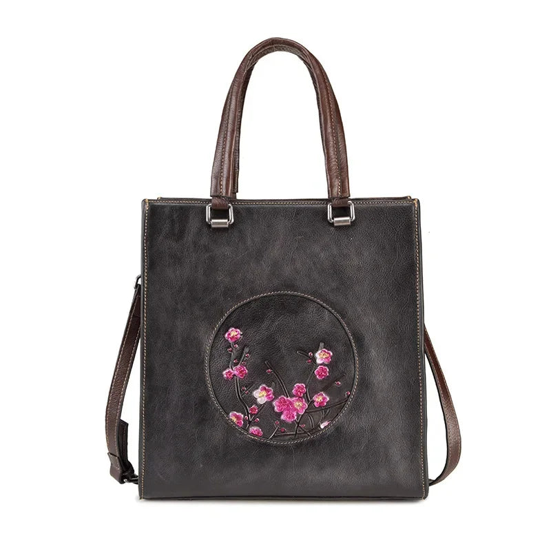 First Layer Cowhide Shoulder Bag Female Handbag Floral Embossed High Quality Vintage Style Women Genuine Leather Messenger Bags