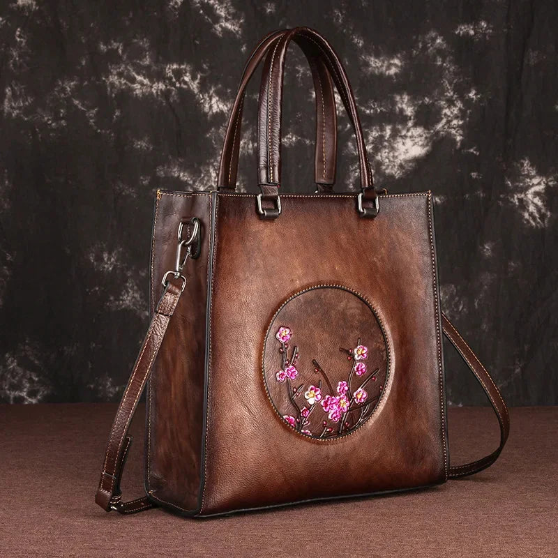 First Layer Cowhide Shoulder Bag Female Handbag Floral Embossed High Quality Vintage Style Women Genuine Leather Messenger Bags