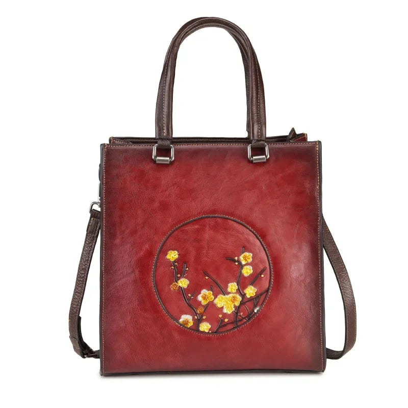 First Layer Cowhide Shoulder Bag Female Handbag Floral Embossed High Quality Vintage Style Women Genuine Leather Messenger Bags