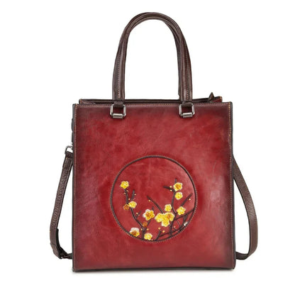 First Layer Cowhide Shoulder Bag Female Handbag Floral Embossed High Quality Vintage Style Women Genuine Leather Messenger Bags