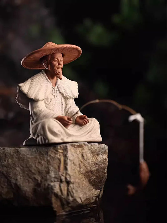 Fish Tank Garden Sitting Fishing Sandstone Vintage Ornament Aquarium Mini Fisherman Statue Asian Zen Decoration