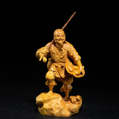 Fisherman Character Sculpture Boxwood Carving Crafts Chinese Culture Statue Home Decoration Solid Wood Handmade Characters