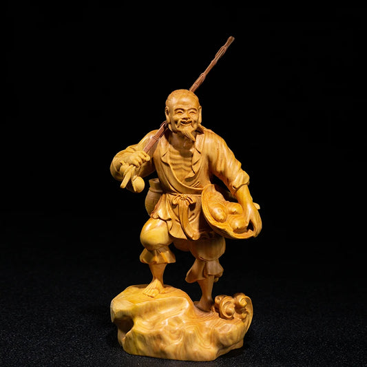Fisherman Character Sculpture Boxwood Carving Crafts Chinese Culture Statue Home Decoration Solid Wood Handmade Characters