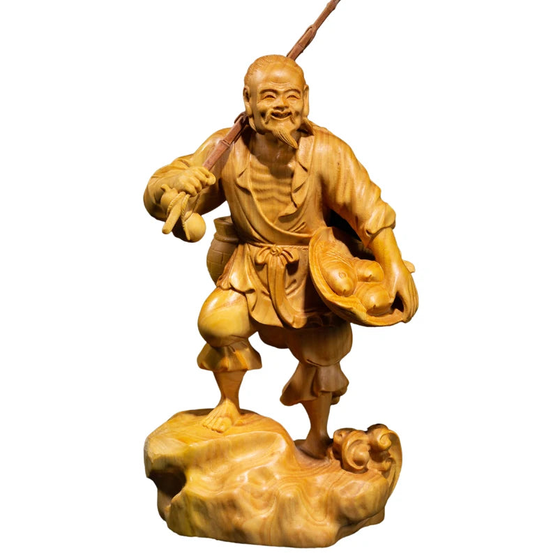 Fisherman Character Sculpture Boxwood Carving Crafts Chinese Culture Statue Home Decoration Solid Wood Handmade Characters