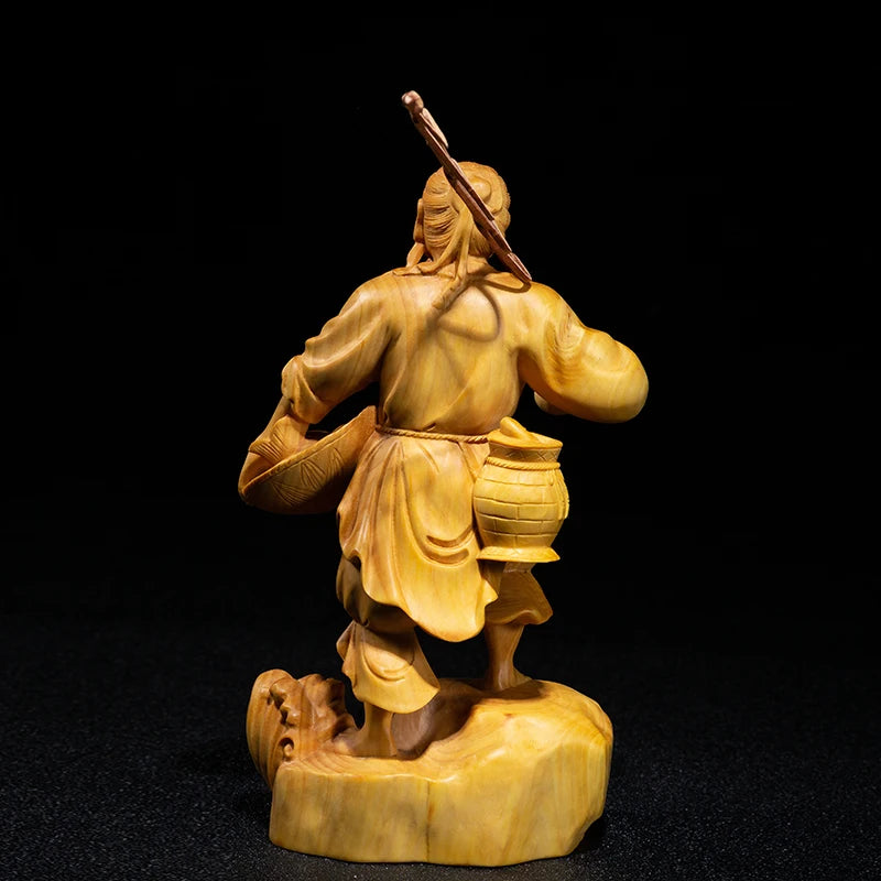 Fisherman Character Sculpture Boxwood Carving Crafts Chinese Culture Statue Home Decoration Solid Wood Handmade Characters