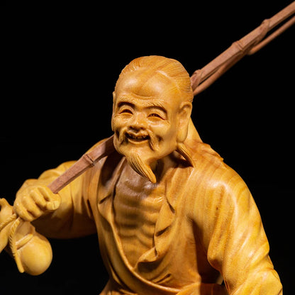 Fisherman Character Sculpture Boxwood Carving Crafts Chinese Culture Statue Home Decoration Solid Wood Handmade Characters