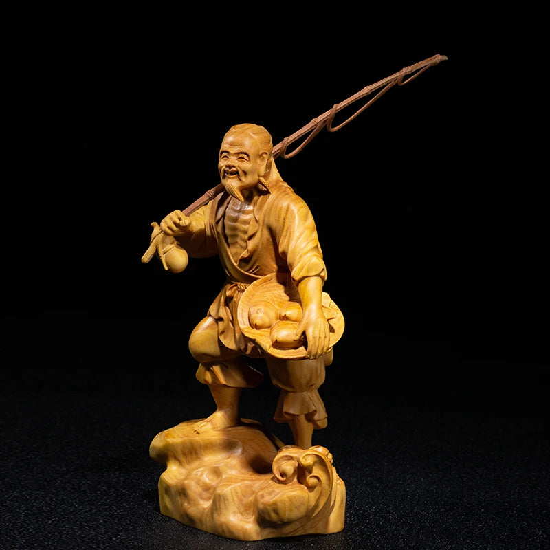 Fisherman Character Sculpture Boxwood Carving Crafts Chinese Culture Statue Home Decoration Solid Wood Handmade Characters