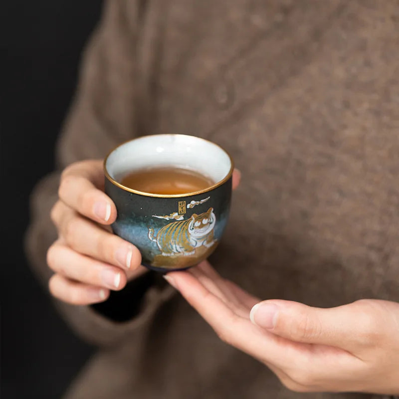 Five Tigers Linmen Tiger Tea Cup Zodiac Year Gift Stoneware Enameled Cast Iron Master Cup Kung Fu Tea Set Package Gift Box