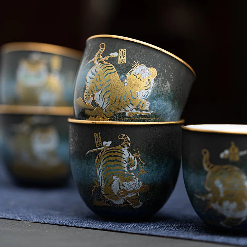 Five Tigers Linmen Tiger Tea Cup Zodiac Year Gift Stoneware Enameled Cast Iron Master Cup Kung Fu Tea Set Package Gift Box
