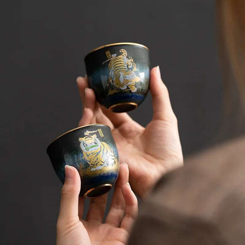Five Tigers Linmen Tiger Tea Cup Zodiac Year Gift Stoneware Enameled Cast Iron Master Cup Kung Fu Tea Set Package Gift Box