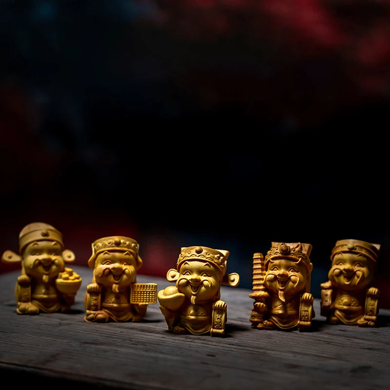 Five-way Fortuna Folk Mythical Figures Sculpture Wood Carving Buddha Statues Home Decoration Lucky Feng Shui Car Ornaments