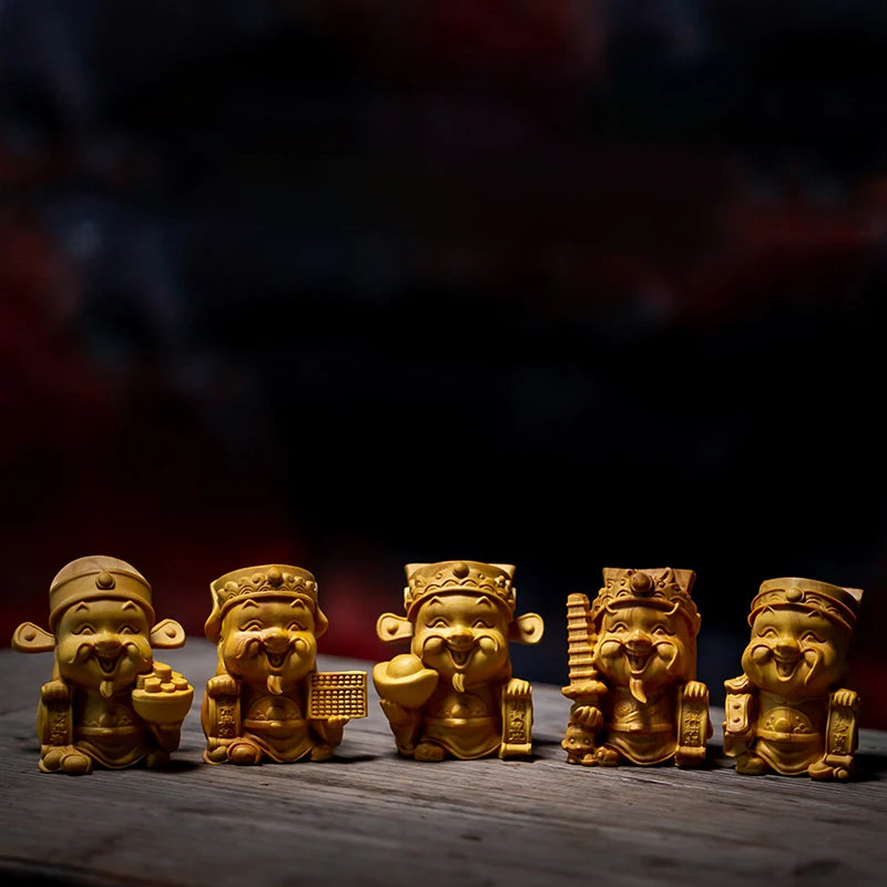 Five-way Fortuna Folk Mythical Figures Sculpture Wood Carving Buddha Statues Home Decoration Lucky Feng Shui Car Ornaments